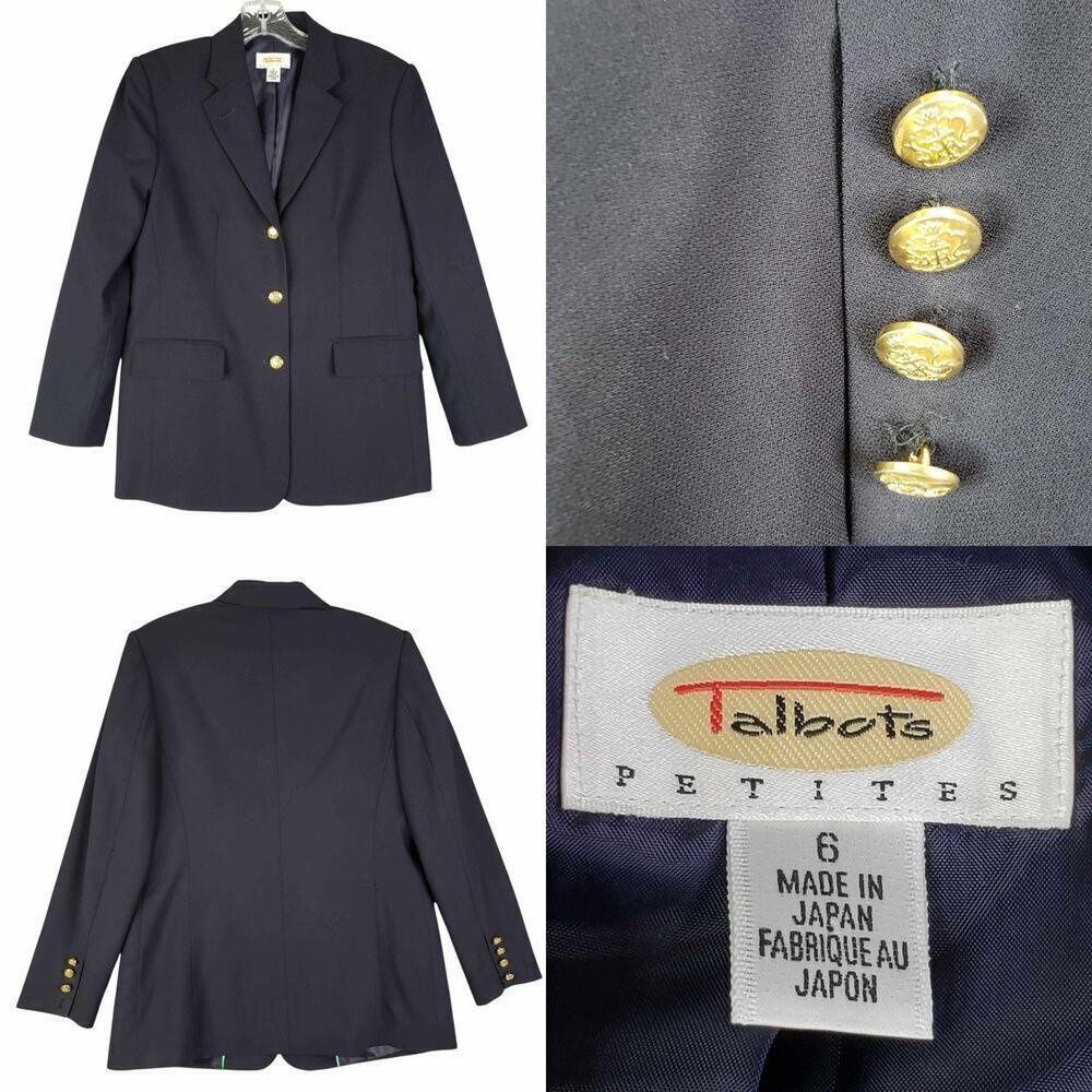 Talbots Blazer Women’s Size 6P Petite Jacket Navy Blue Wool Gold Buttons Flaw